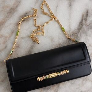 Ted Baker Mia Leather Clutch Bag Black Jewel Clasp Gold Chain